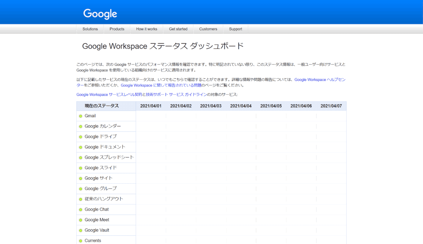 Google Workspace ステータス ダッシュボード