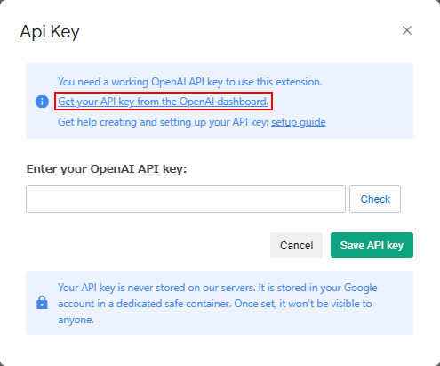Get your API key from the OpenAI dashboard.をクリック