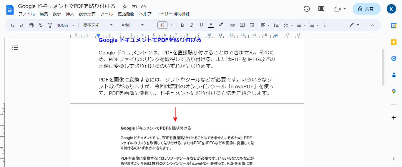 貼り付けたPDFの表示