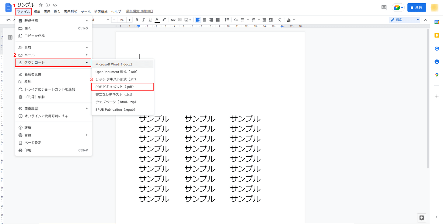 ファイル、ダウンロード、PDFドキュメントと順に選択