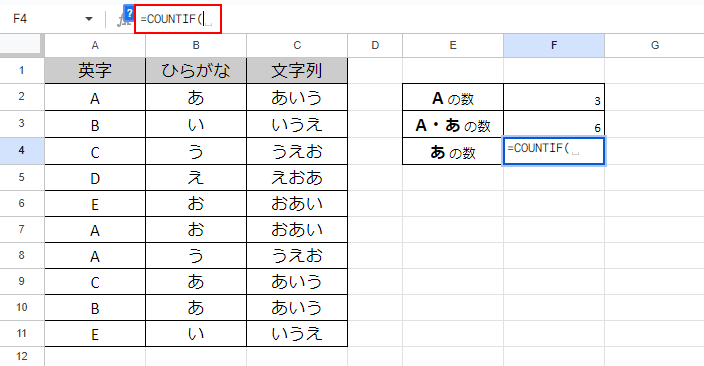 「=COUNTIF( 」と入力