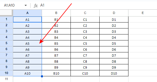 列全体の入力されているセルが選択される