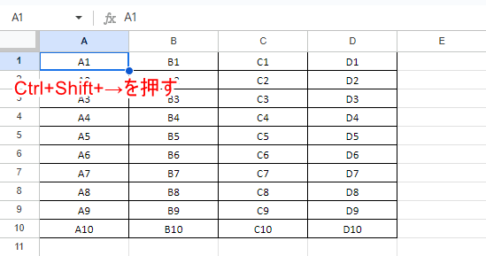 Ctrlキーを押しながらShiftキーと→を押す。