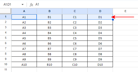 行全体の入力されているセルが選択される