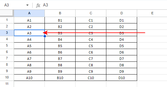 入力されている末端のセルが選択される