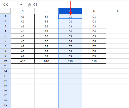 列全体のセルが選択される