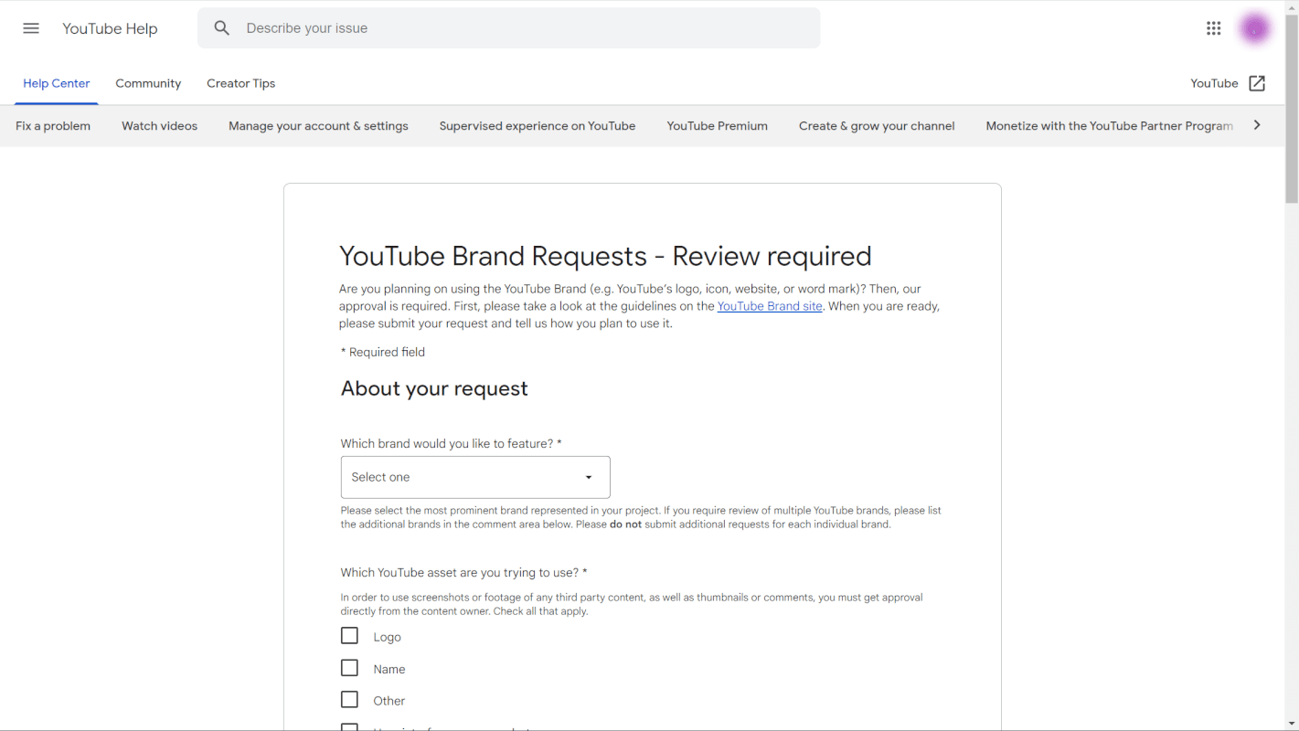YouTubeロゴの使用申請ページ